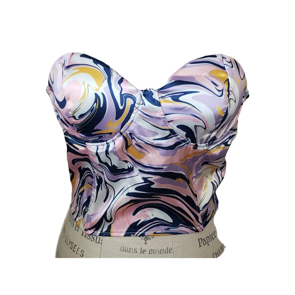 Streetwear Society Abstract Art Strapless Zip Back Corset Style Crop Top Blouse